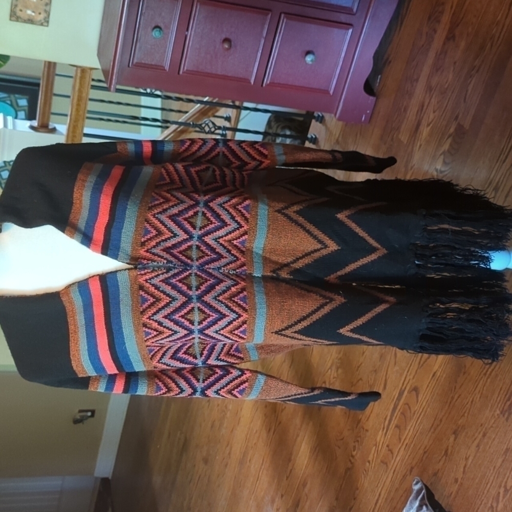 colorful tribal knit fringe Bohemian Festival long open duster/cardigan sz M - Picture 10 of 14
